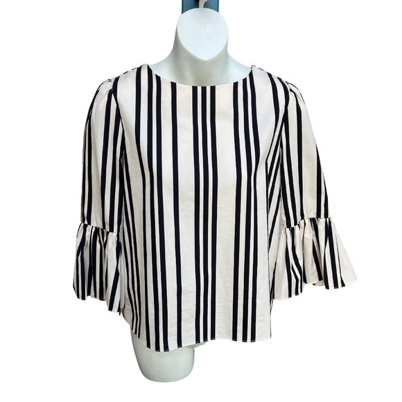 Alice + Olivia Tops - Alice + Olivia Vertical Stripe Blouse Bell Sleeve Back Zip Black & White XS